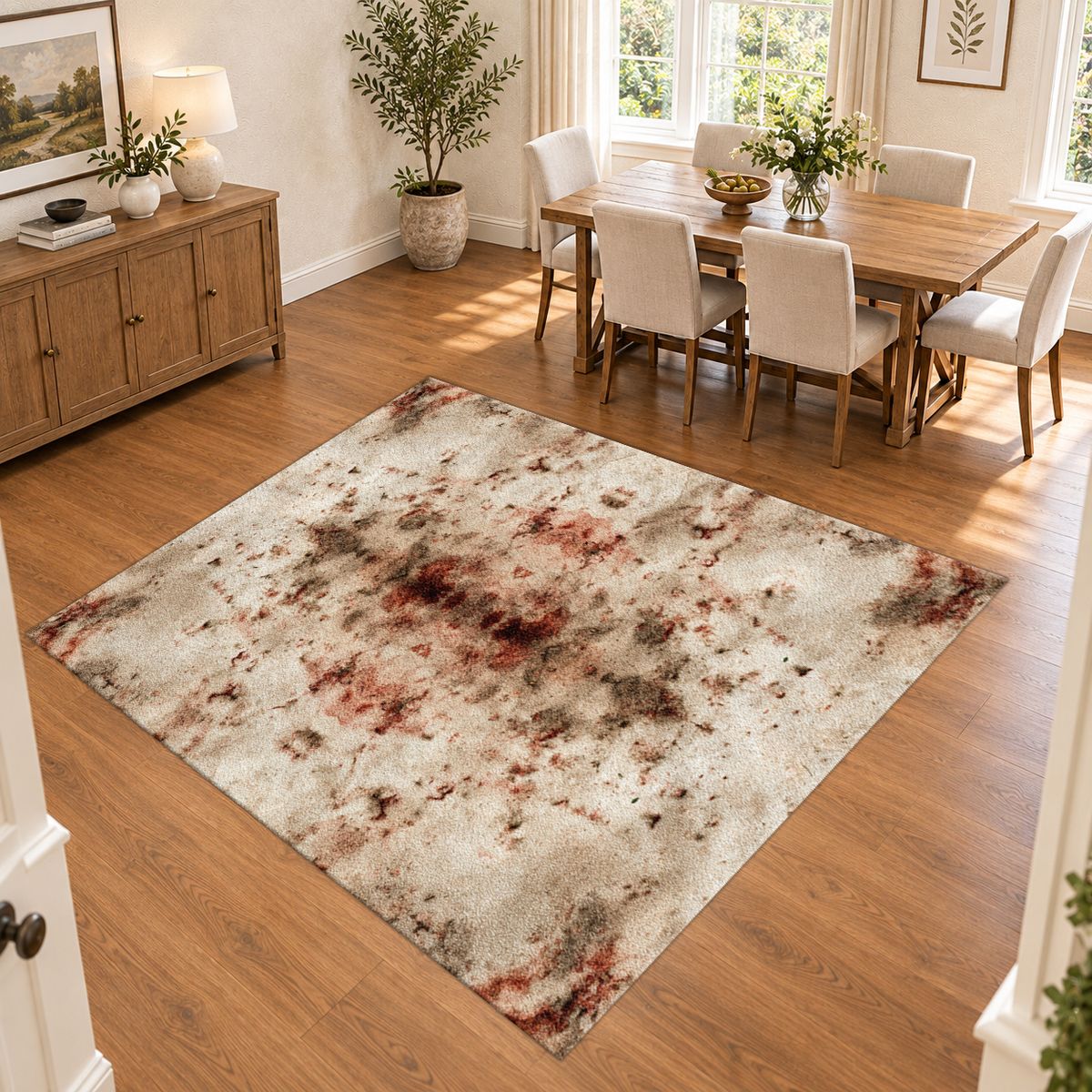 Ivory and Rust Abstract Distressed printed area rug