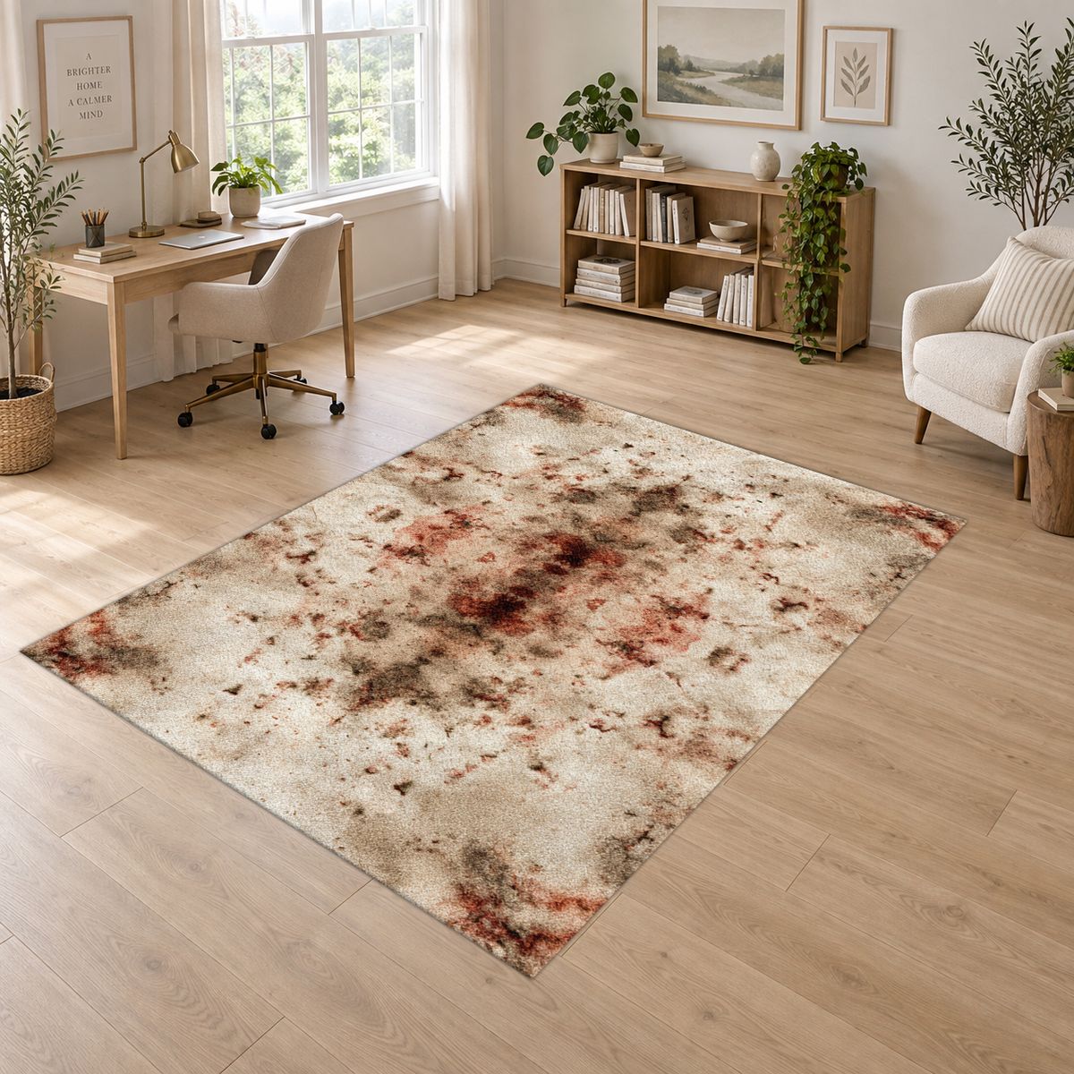 Ivory and Rust Abstract Distressed printed area rug
