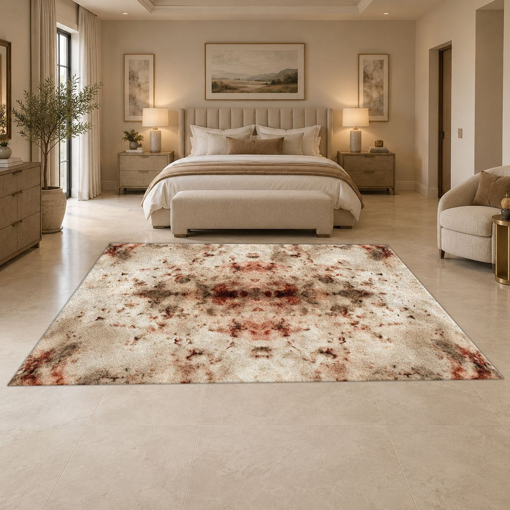 Ivory and Rust Abstract Distressed printed area rug