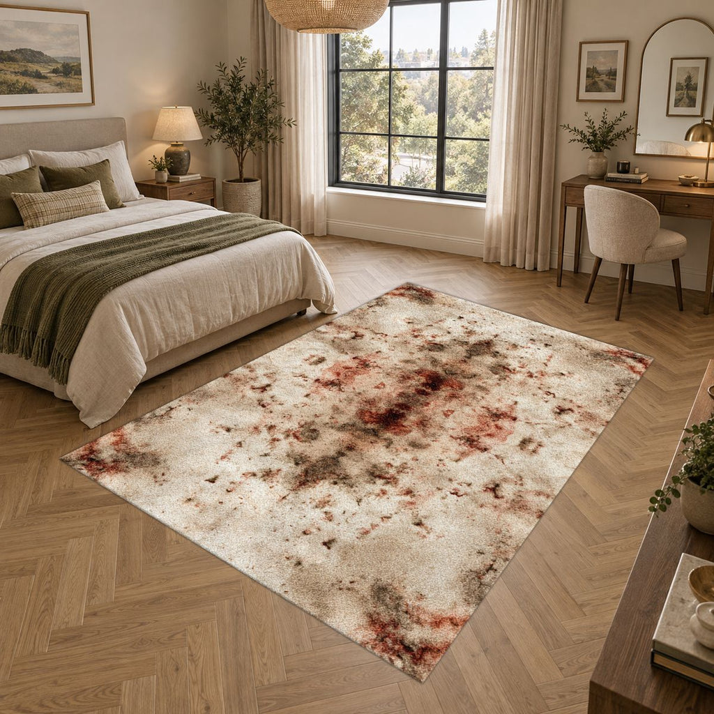 Ivory and Rust Abstract Distressed printed area rug