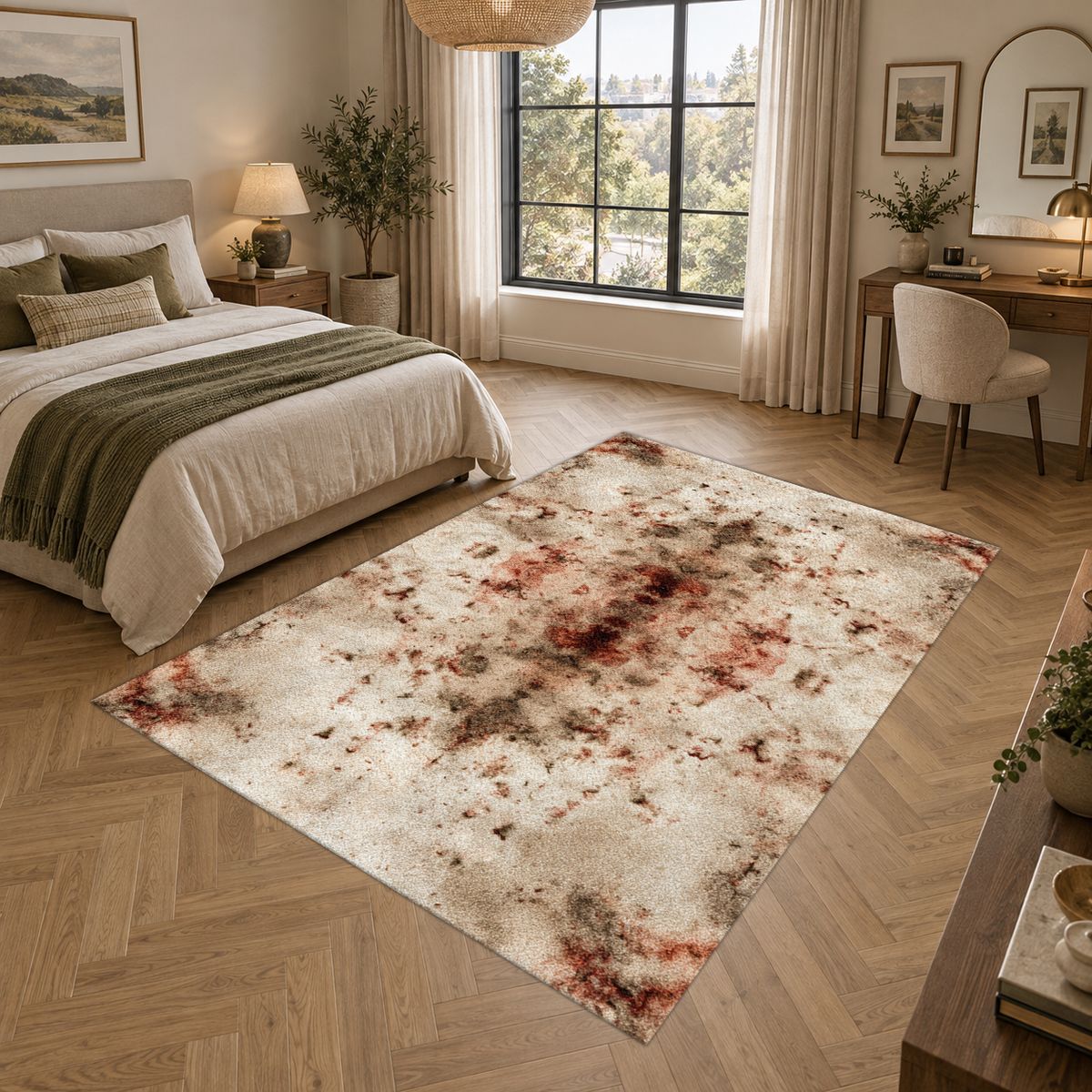 Ivory and Rust Abstract Distressed printed area rug