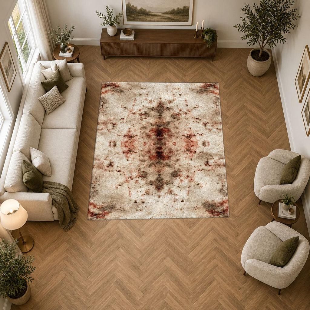 Ivory and Rust Abstract Distressed printed area rug