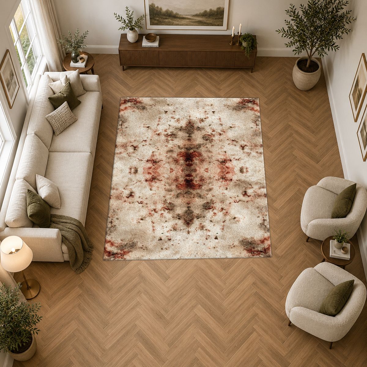 Ivory and Rust Abstract Distressed printed area rug