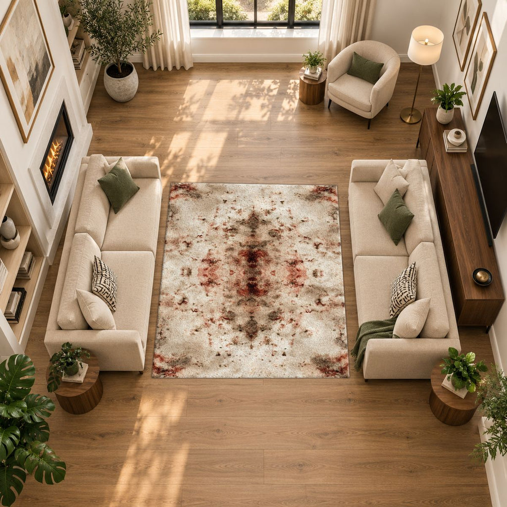 Ivory and Rust Abstract Distressed printed area rug