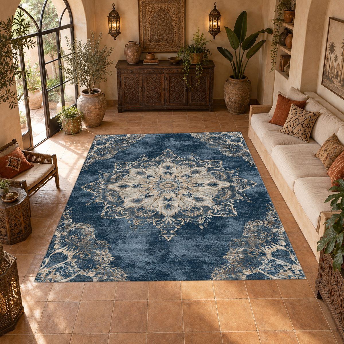 Faded Denim Blue Vintage Medallion printed area rug