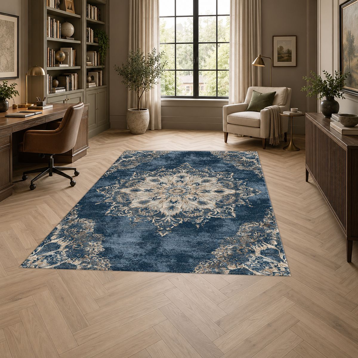 Faded Denim Blue Vintage Medallion printed area rug