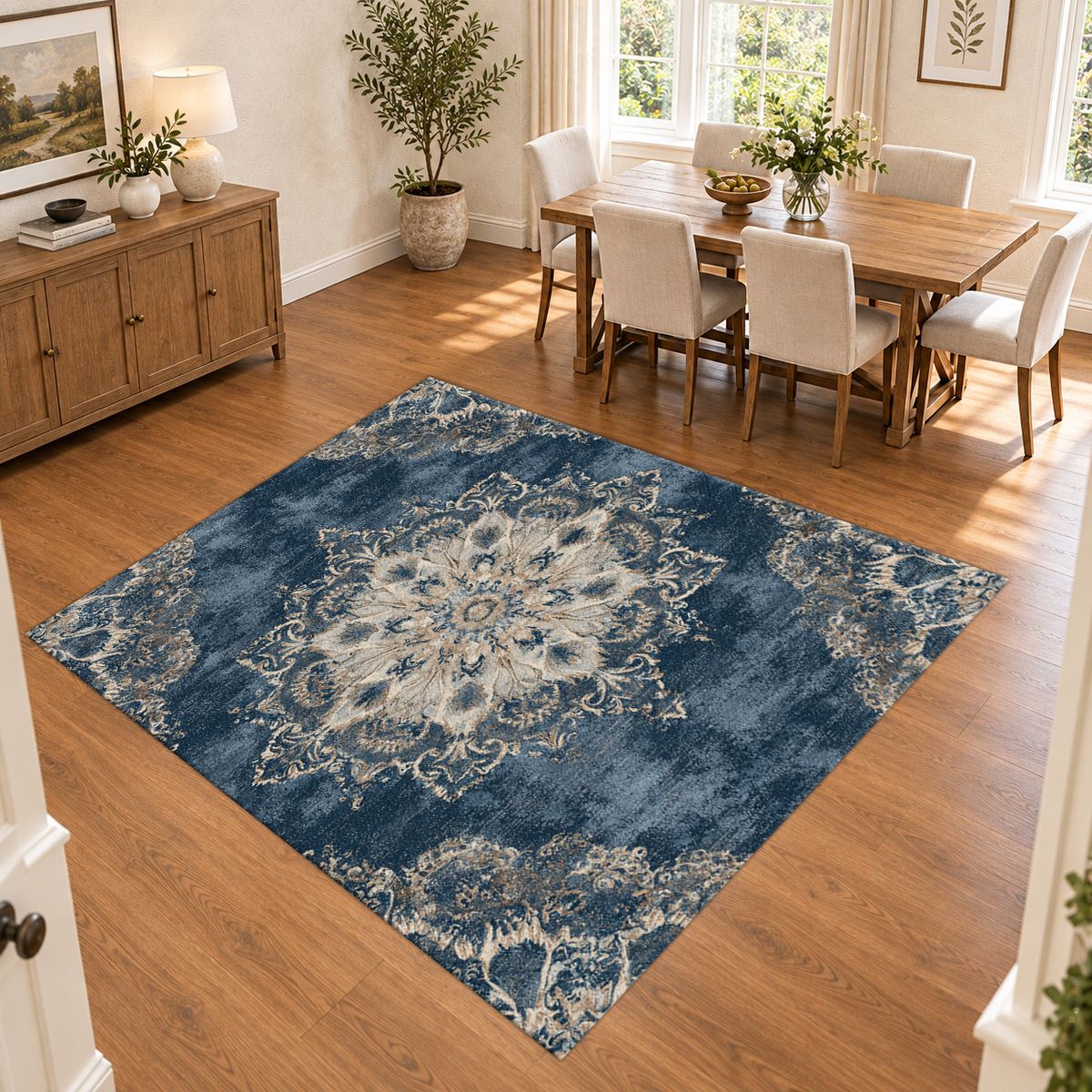 Faded Denim Blue Vintage Medallion printed area rug