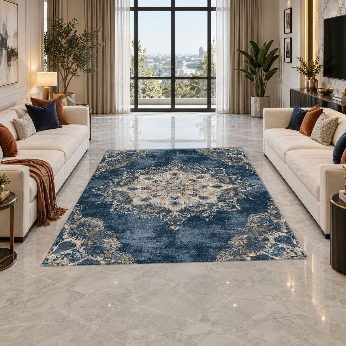 Faded Denim Blue Vintage Medallion printed area rug