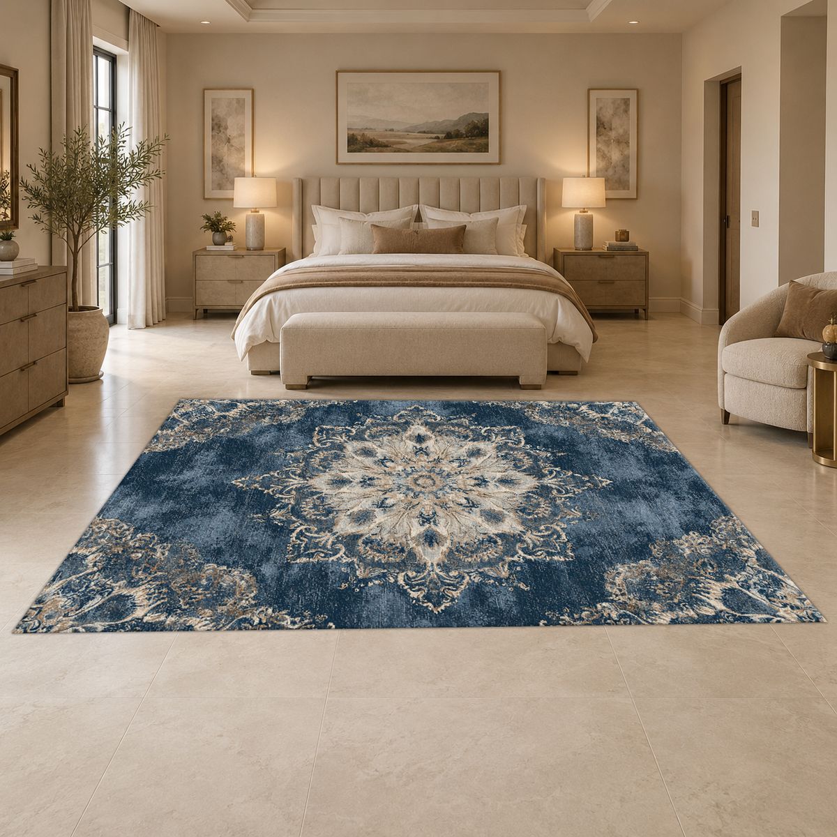 Faded Denim Blue Vintage Medallion printed area rug