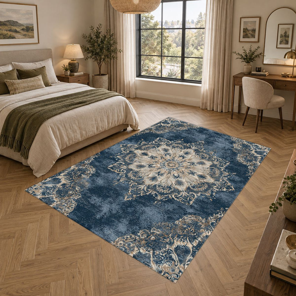 Faded Denim Blue Vintage Medallion printed area rug