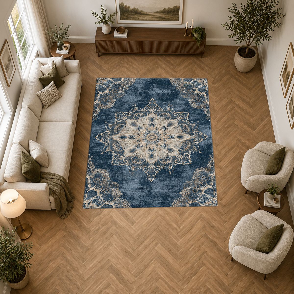 Faded Denim Blue Vintage Medallion printed area rug