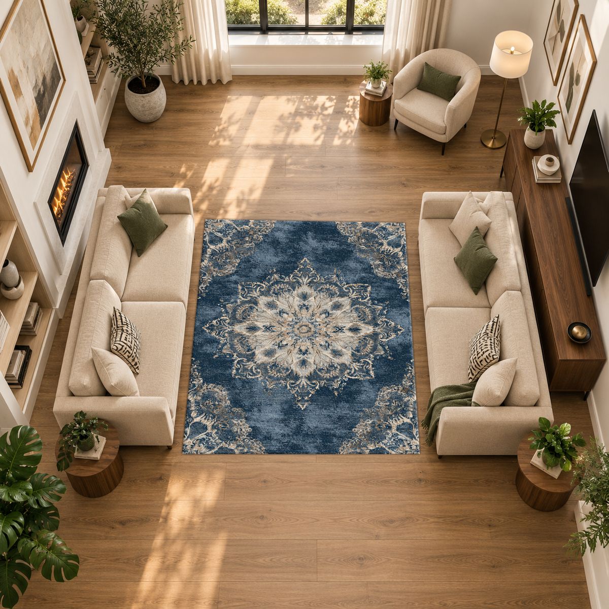 Faded Denim Blue Vintage Medallion printed area rug