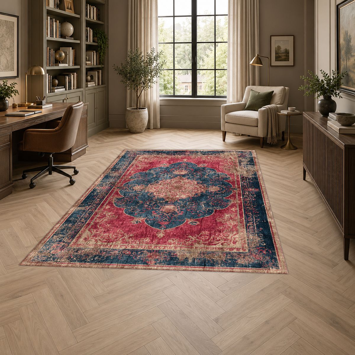 Faded Red and Navy Vintage Persian printed area rug