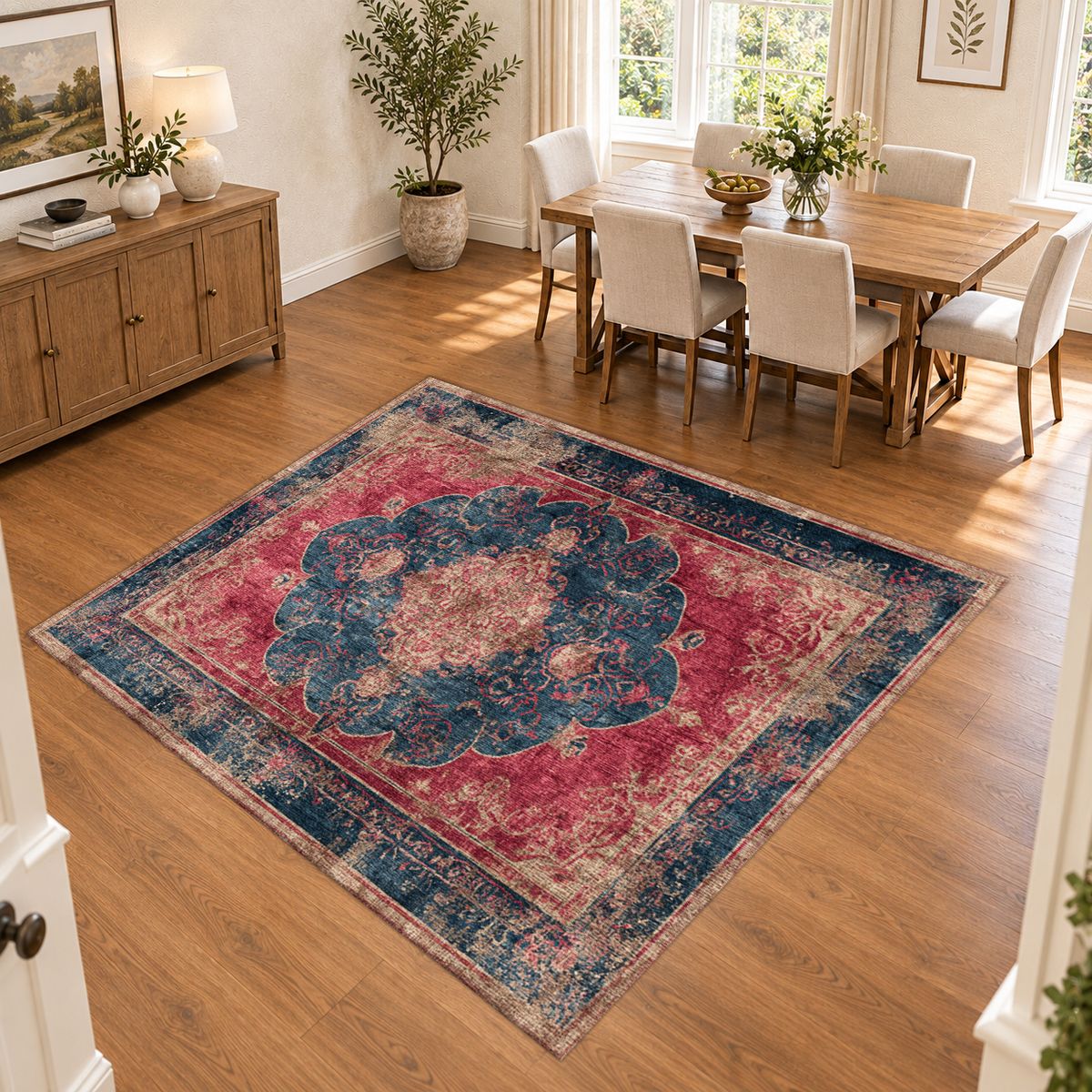 Faded Red and Navy Vintage Persian printed area rug