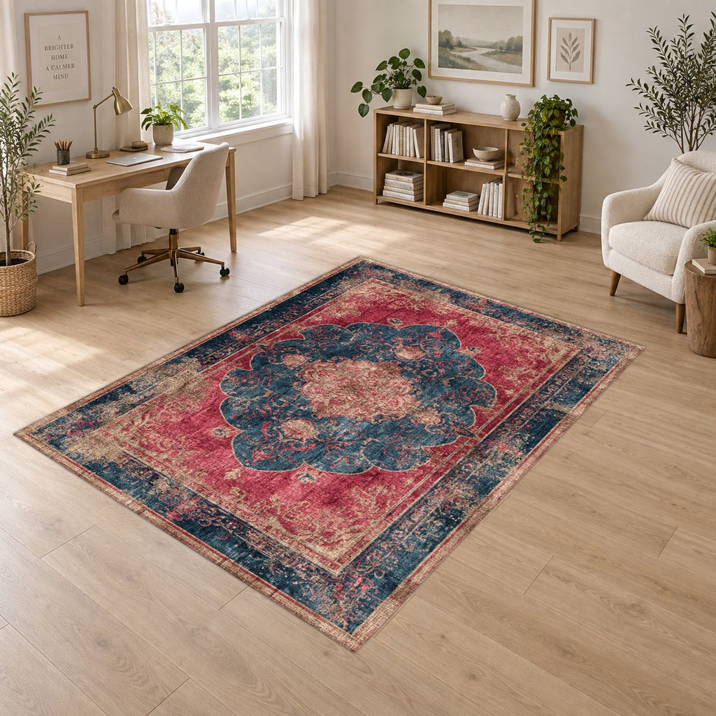 Faded Red and Navy Vintage Persian printed area rug