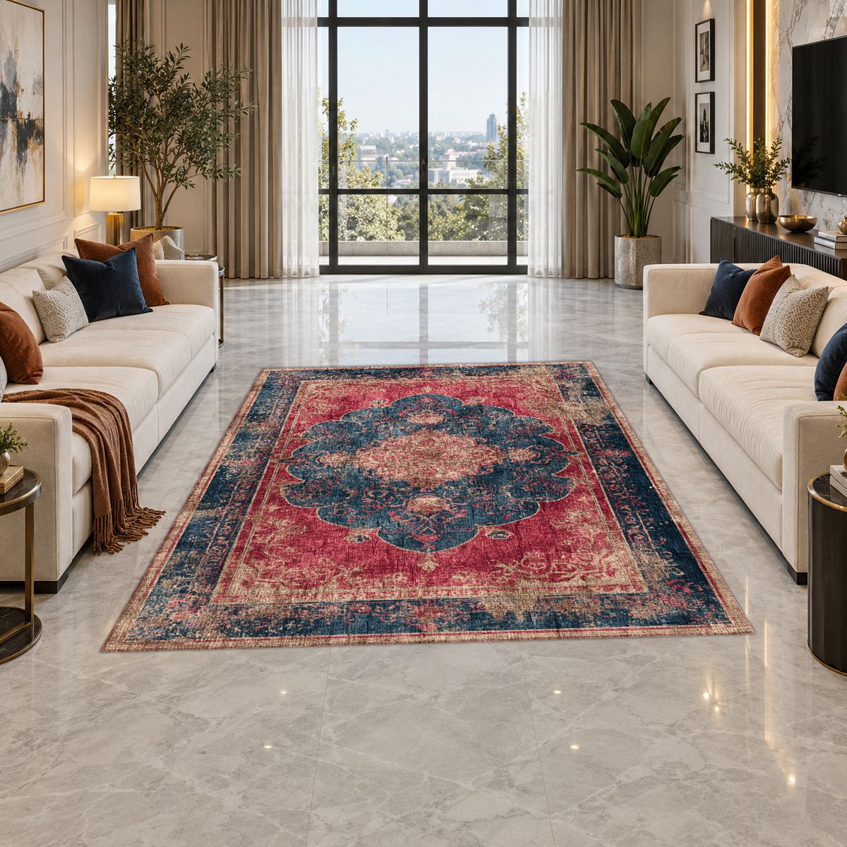 Faded Red and Navy Vintage Persian printed area rug