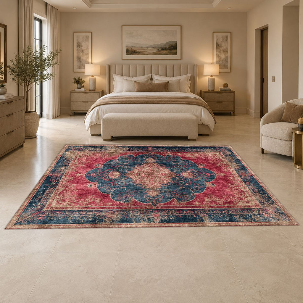 Faded Red and Navy Vintage Persian printed area rug