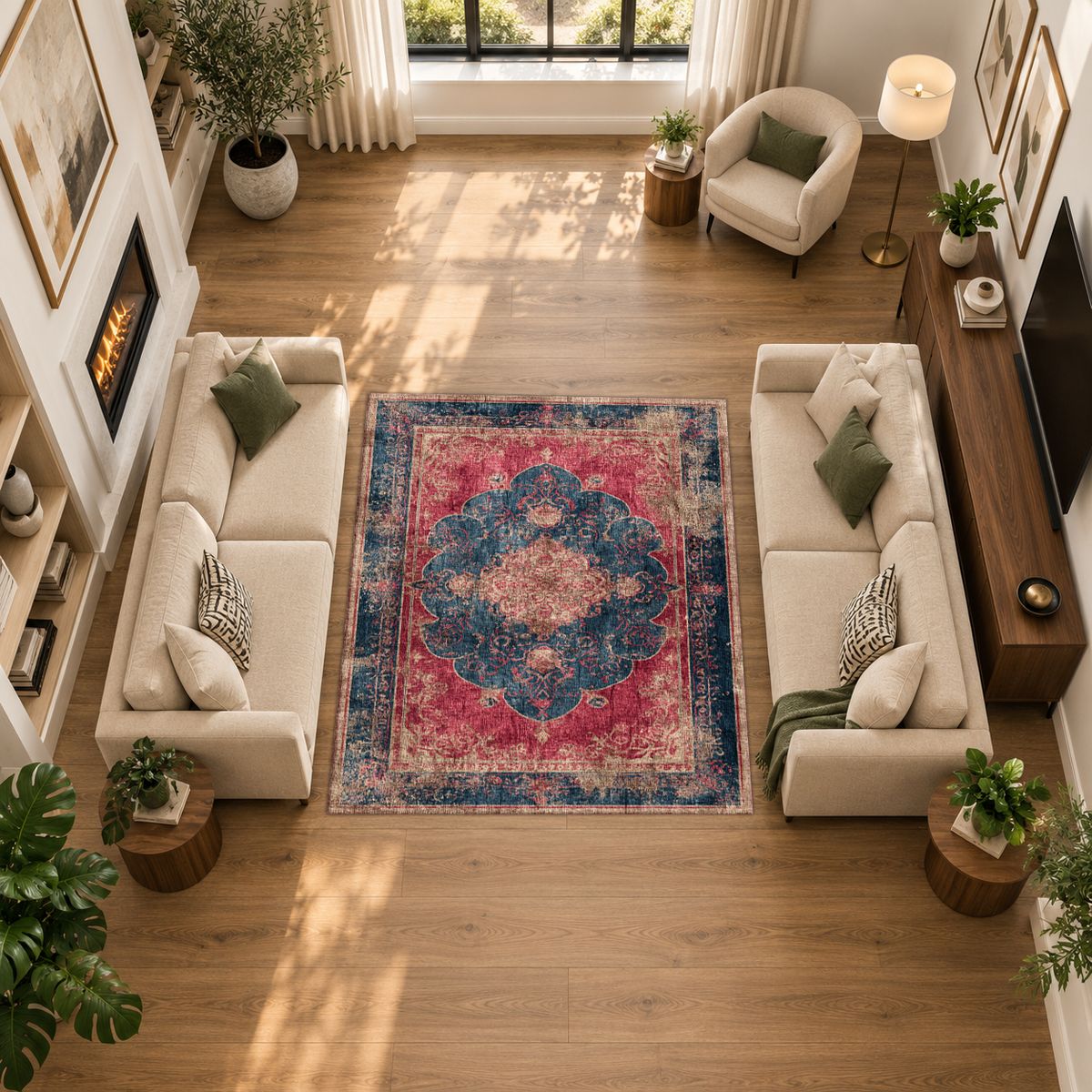 Faded Red and Navy Vintage Persian printed area rug