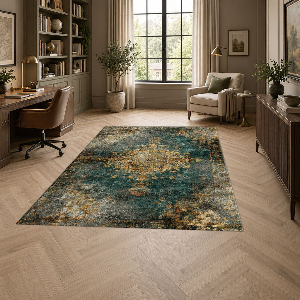 Emerald and Gold Distressed Medallion printed area rug