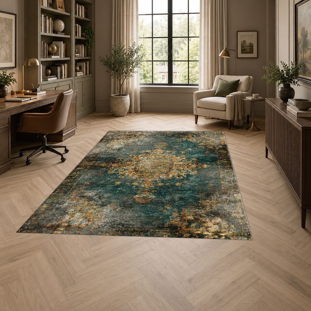 Emerald and Gold Distressed Medallion printed area rug