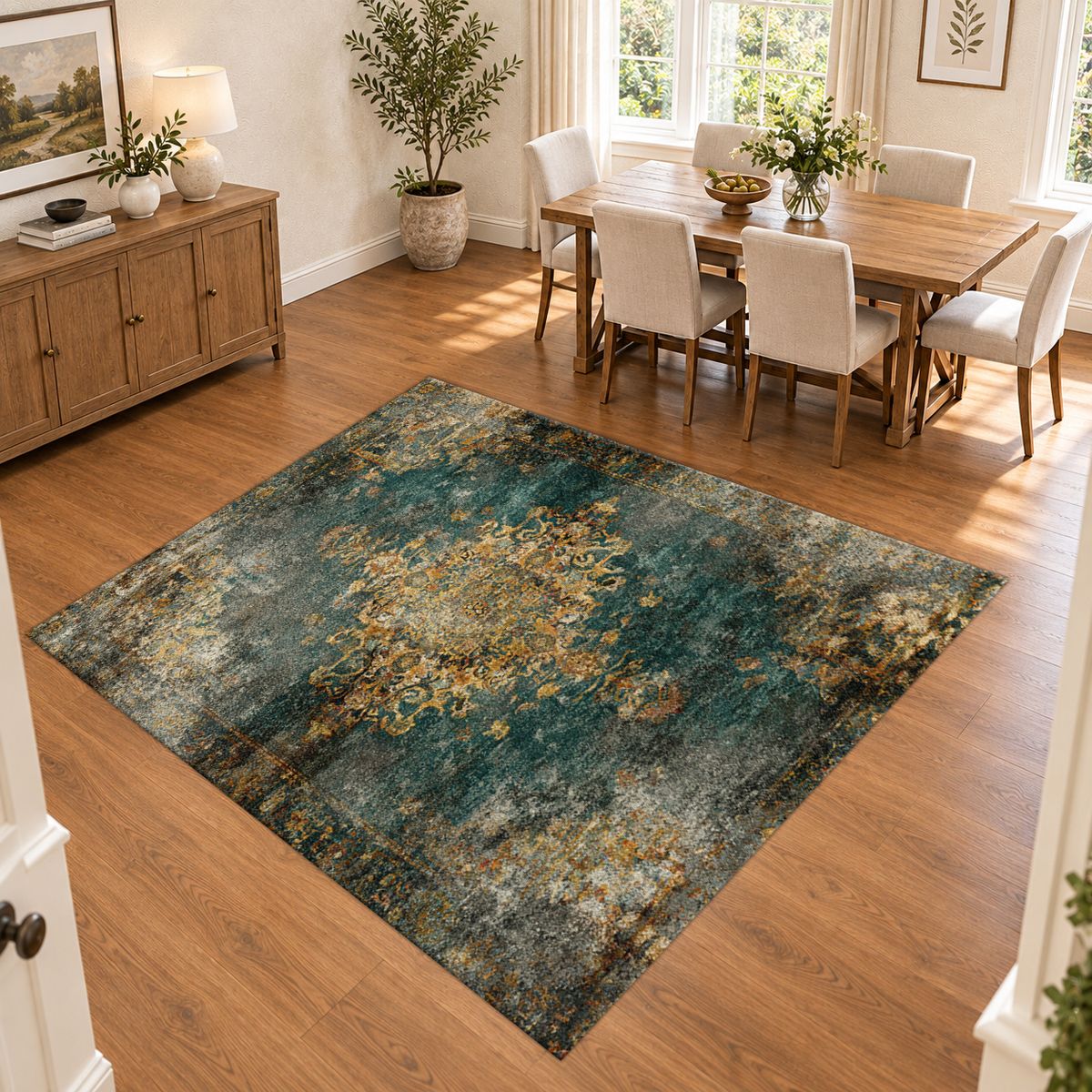 Emerald and Gold Distressed Medallion printed area rug