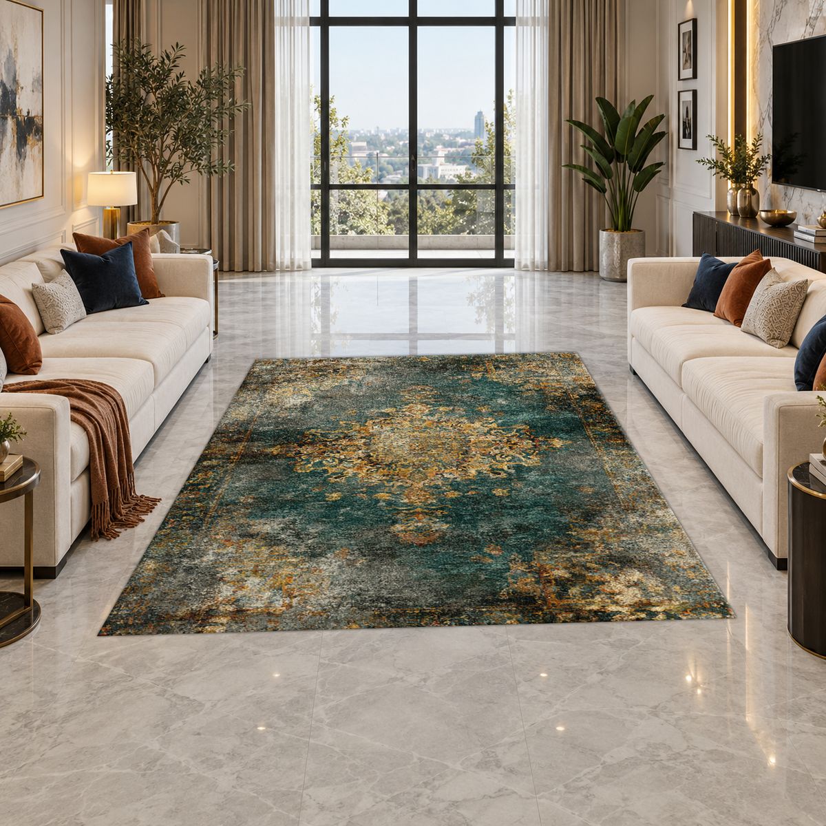 Emerald and Gold Distressed Medallion printed area rug