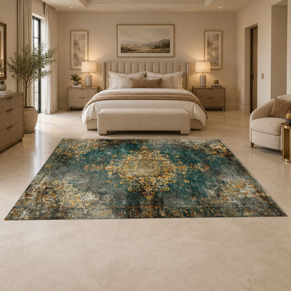 Emerald and Gold Distressed Medallion printed area rug