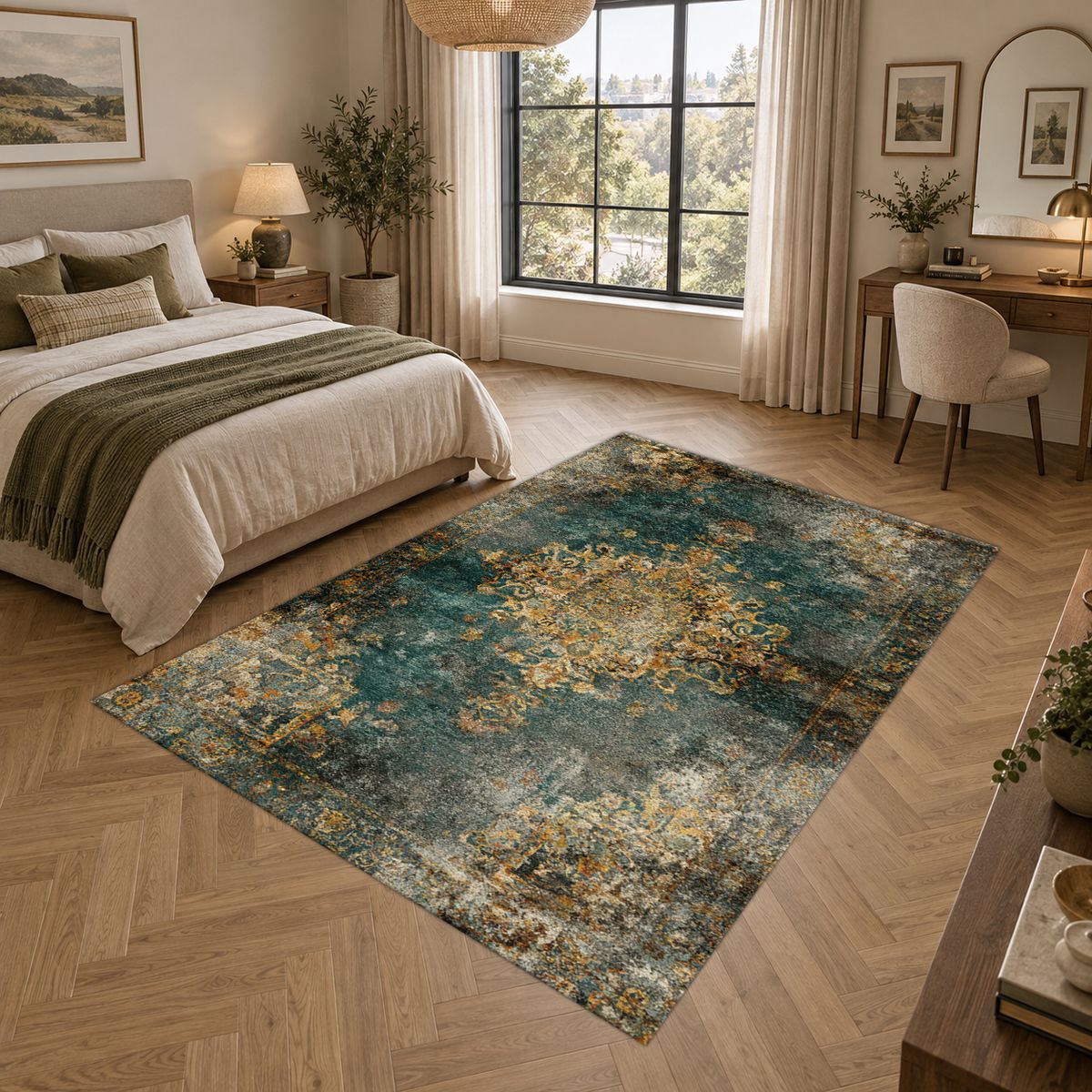 Emerald and Gold Distressed Medallion printed area rug