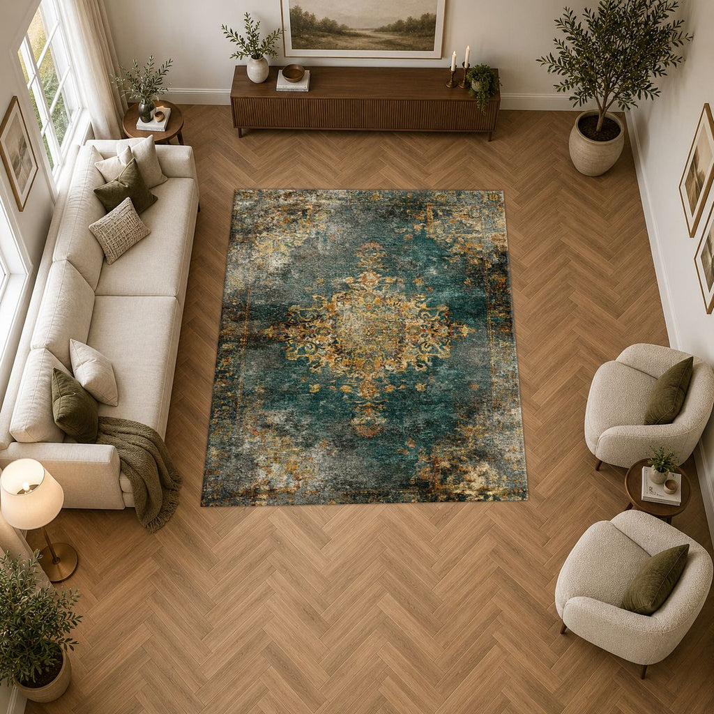 Emerald and Gold Distressed Medallion printed area rug