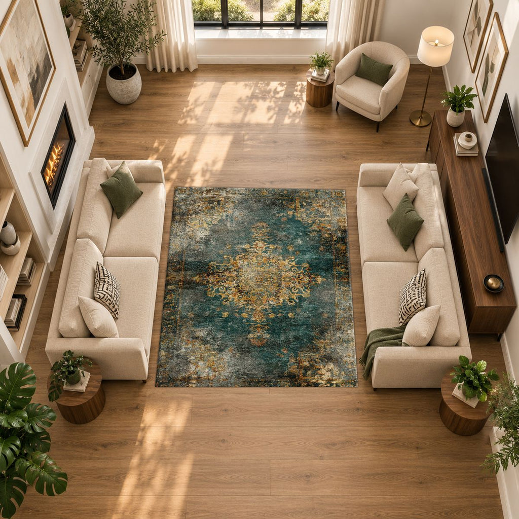 Emerald and Gold Distressed Medallion printed area rug