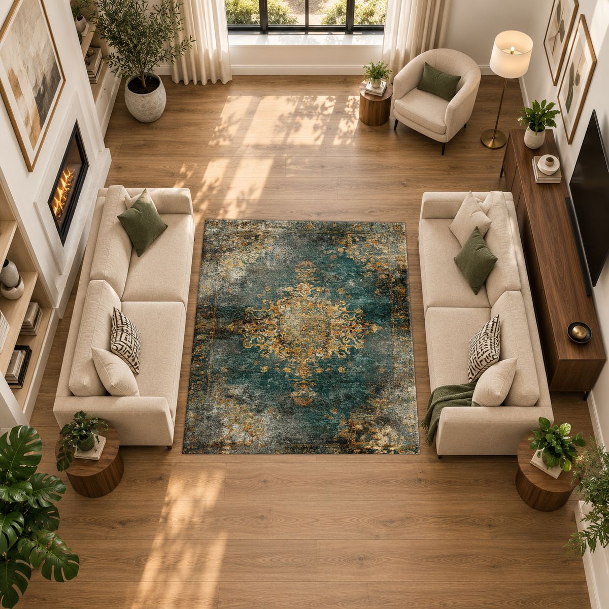 Emerald and Gold Distressed Medallion printed area rug