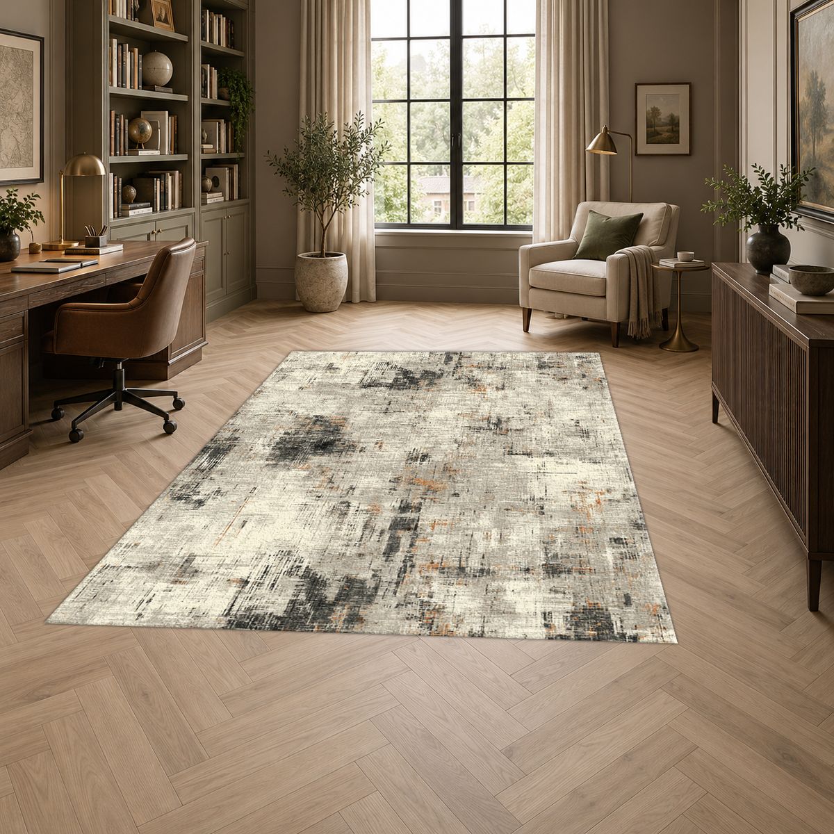 Gray and White Abstract Distressed printed area rug