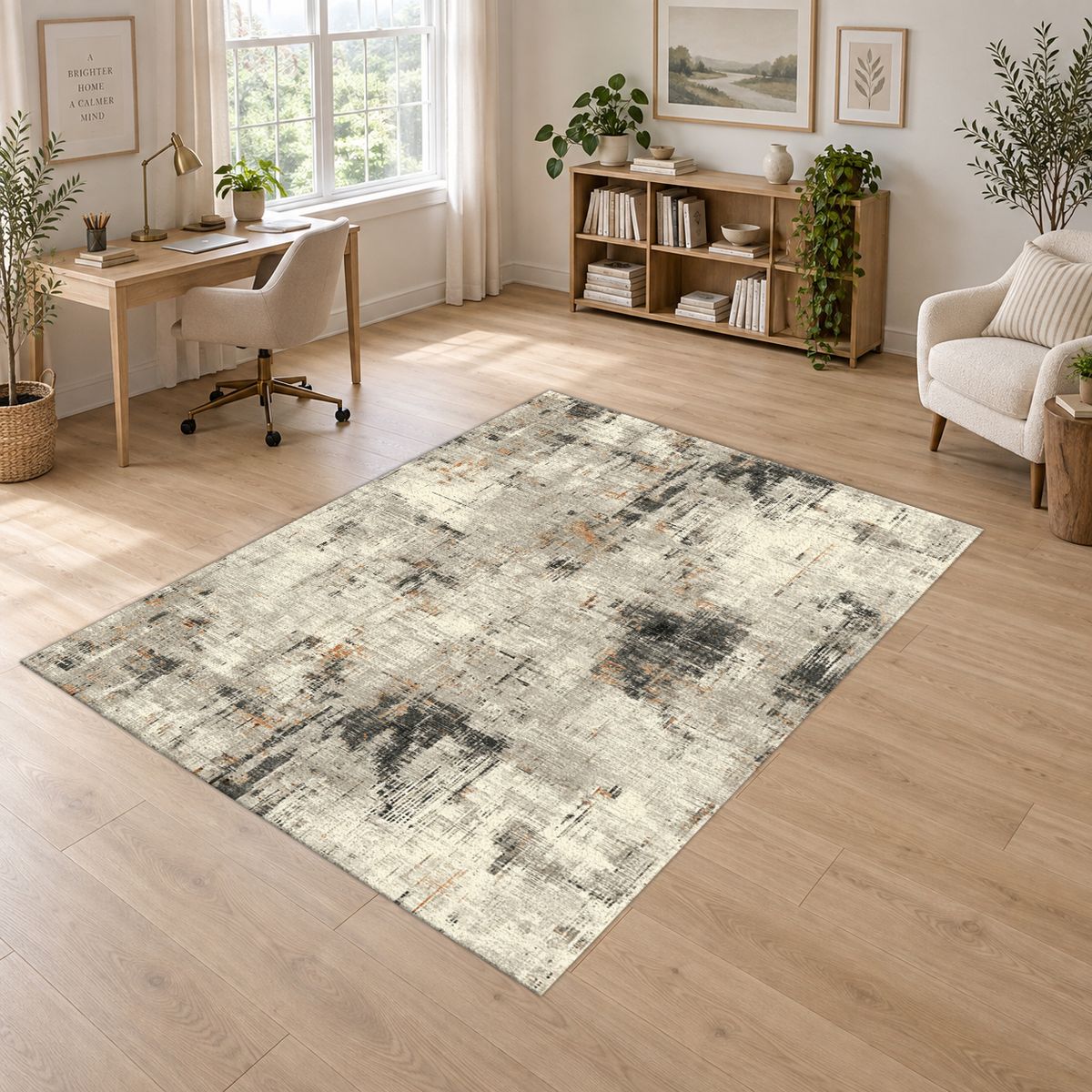 Gray and White Abstract Distressed printed area rug