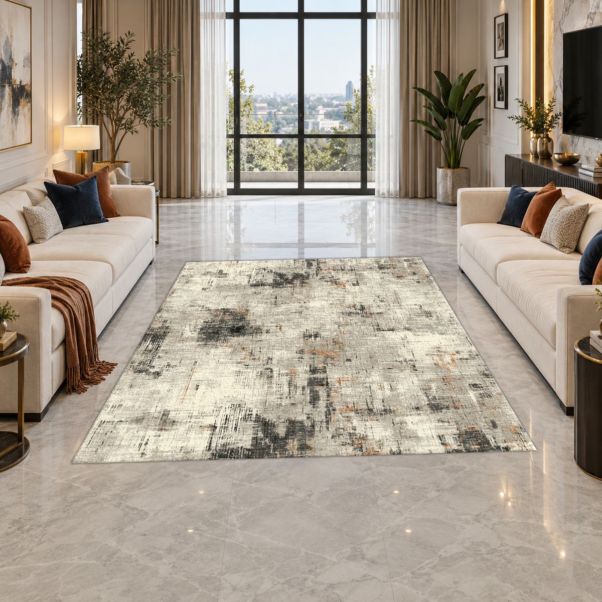 Gray and White Abstract Distressed printed area rug