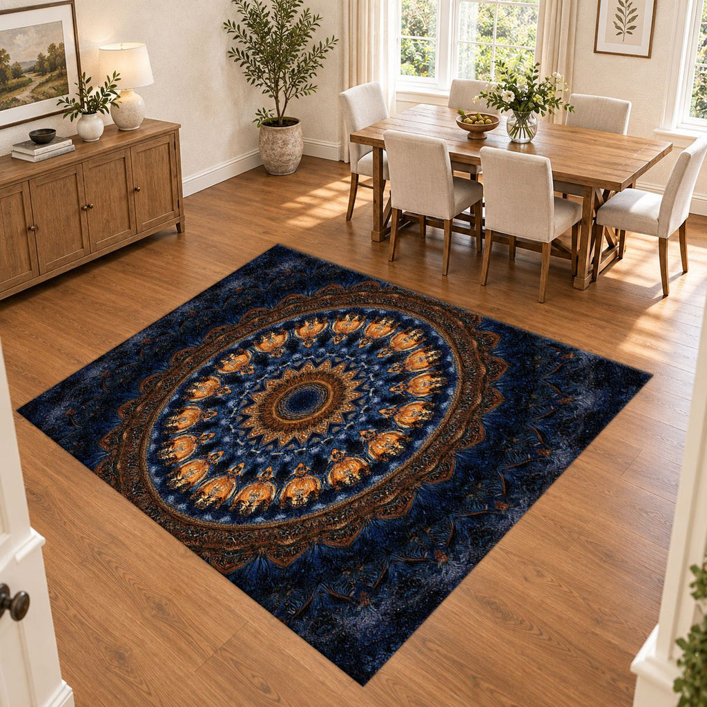 Navy and Gold Concentric Mandala printed area rug