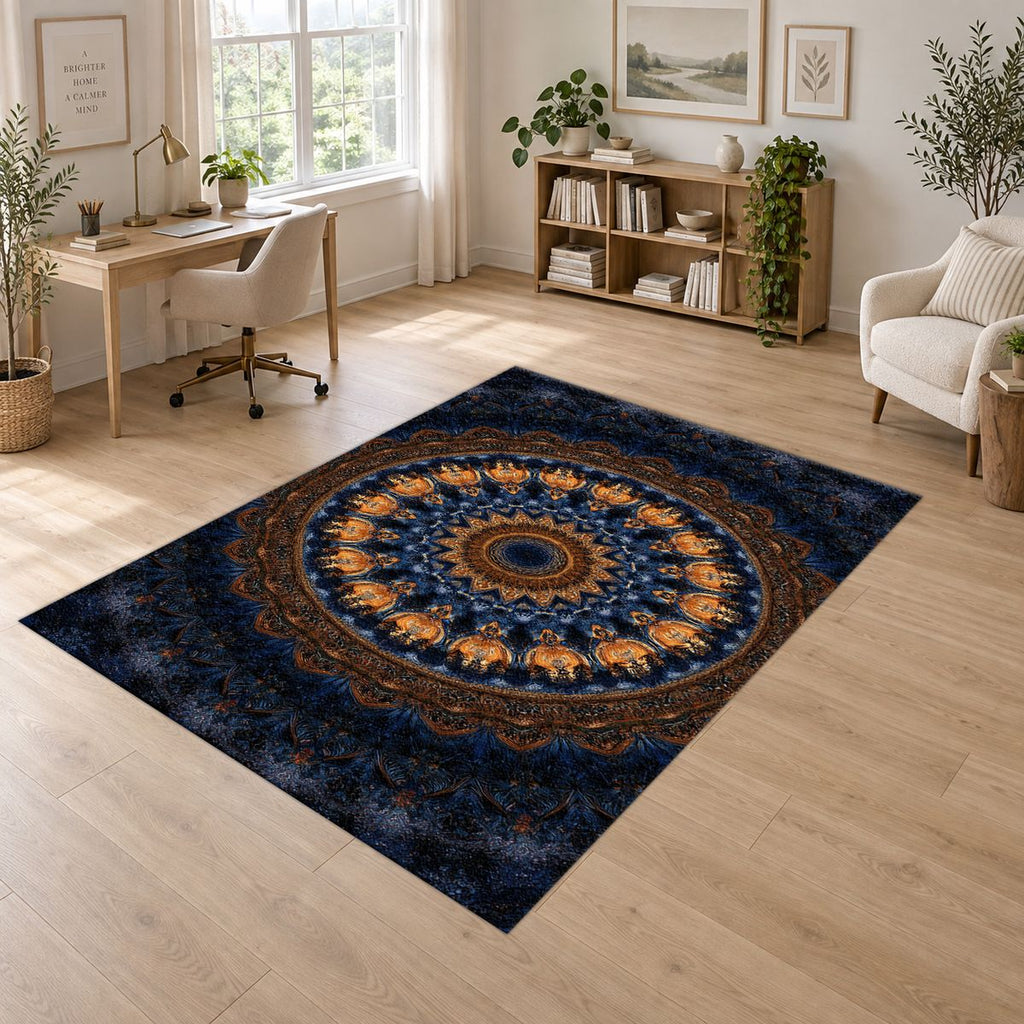 Navy and Gold Concentric Mandala printed area rug
