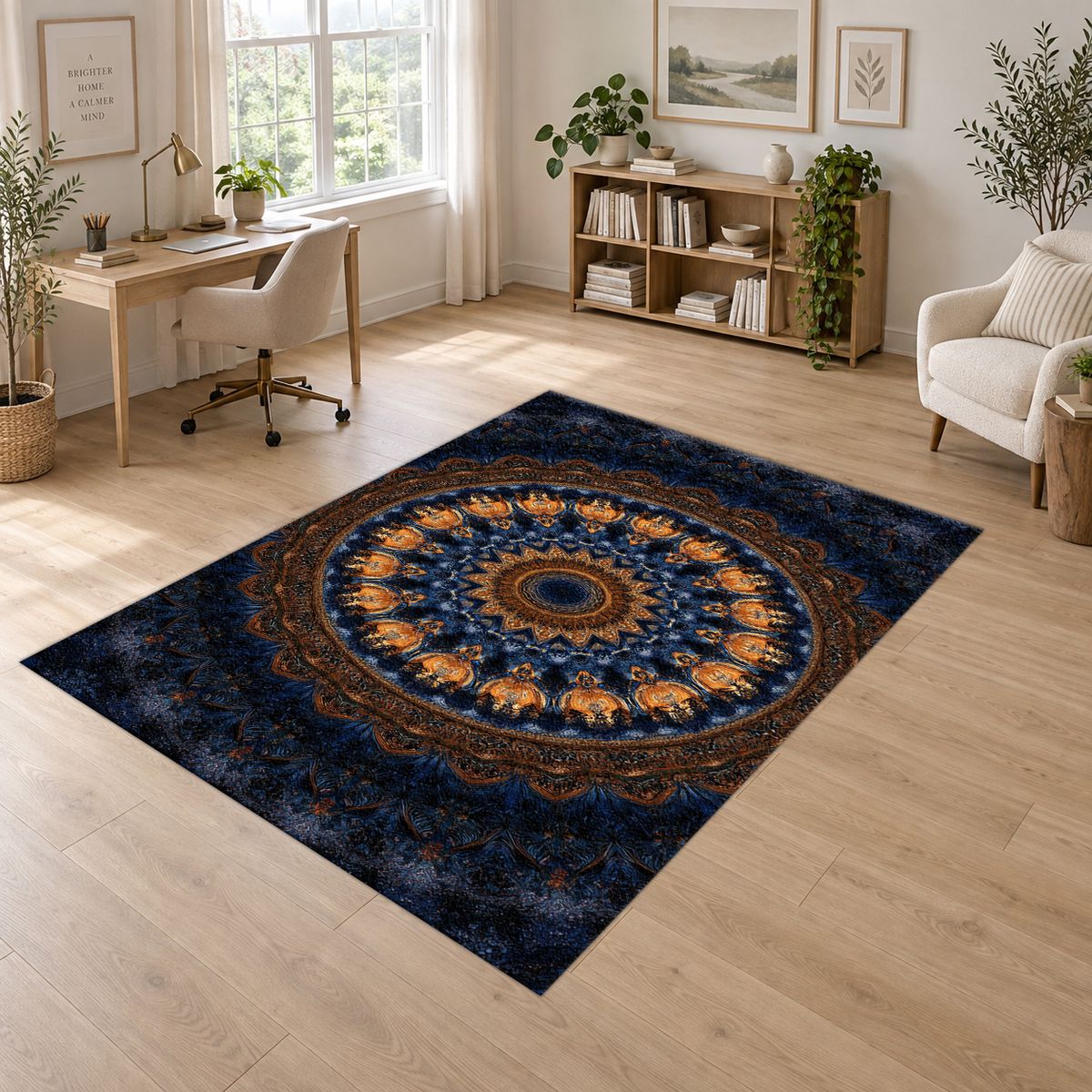 Navy and Gold Concentric Mandala printed area rug