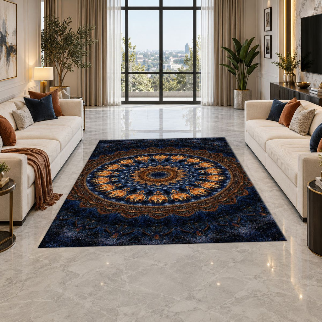Navy and Gold Concentric Mandala printed area rug