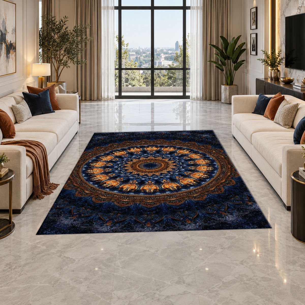 Navy and Gold Concentric Mandala printed area rug