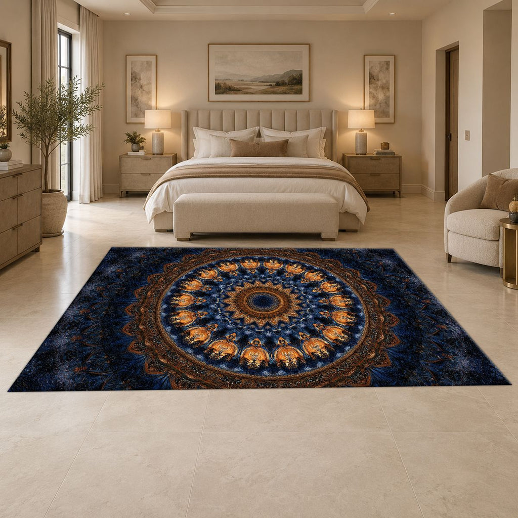 Navy and Gold Concentric Mandala printed area rug