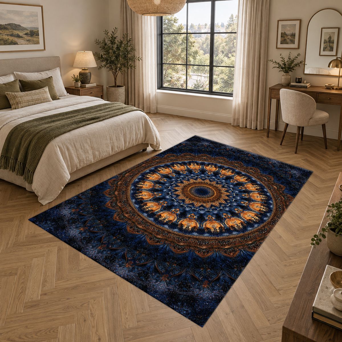 Navy and Gold Concentric Mandala printed area rug