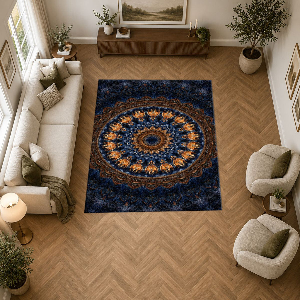 Navy and Gold Concentric Mandala printed area rug