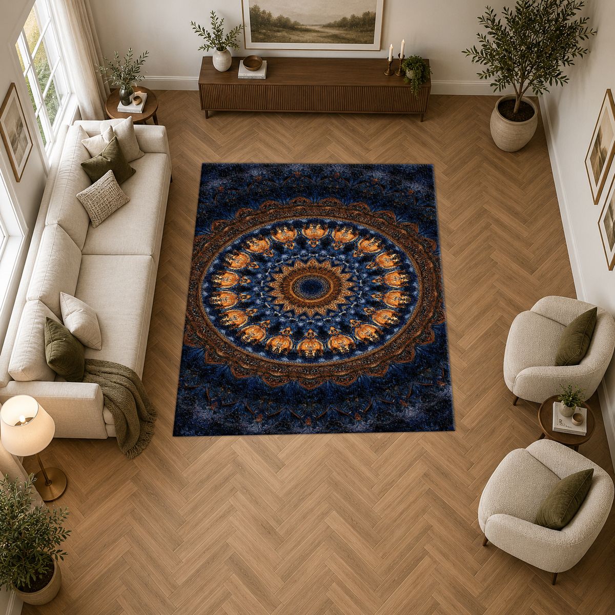 Navy and Gold Concentric Mandala printed area rug