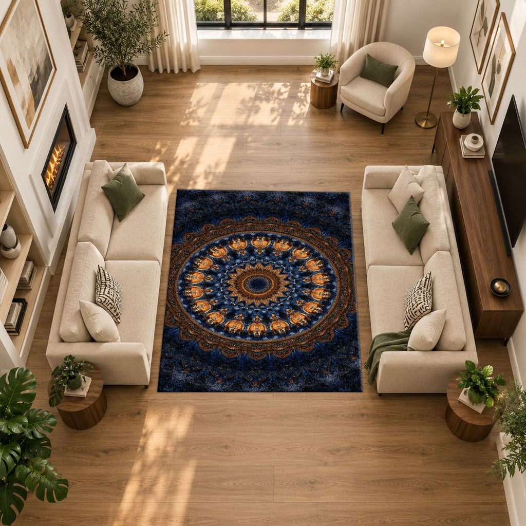 Navy and Gold Concentric Mandala printed area rug