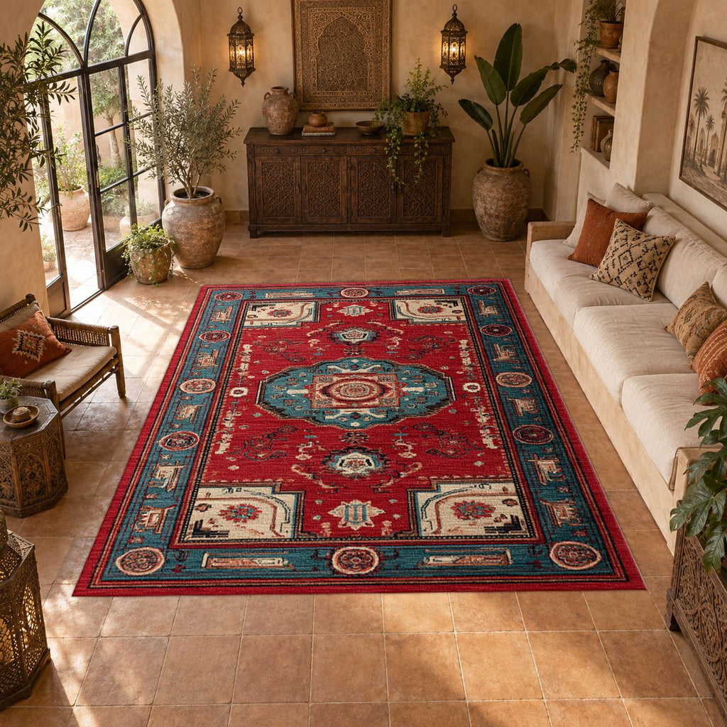 Red Traditional Tribal Medallion printed area rug