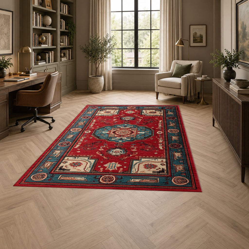 Red Traditional Tribal Medallion printed area rug