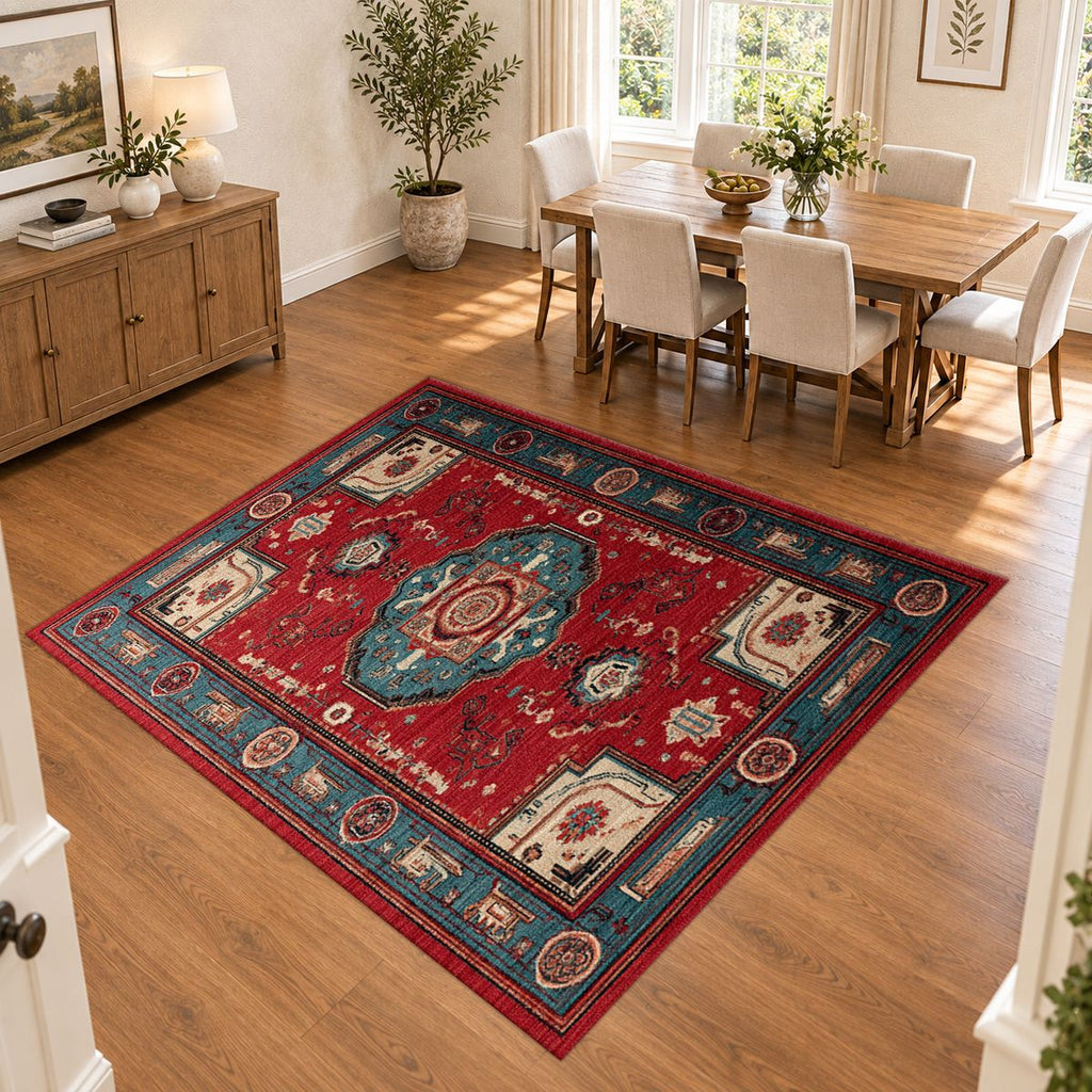 Red Traditional Tribal Medallion printed area rug