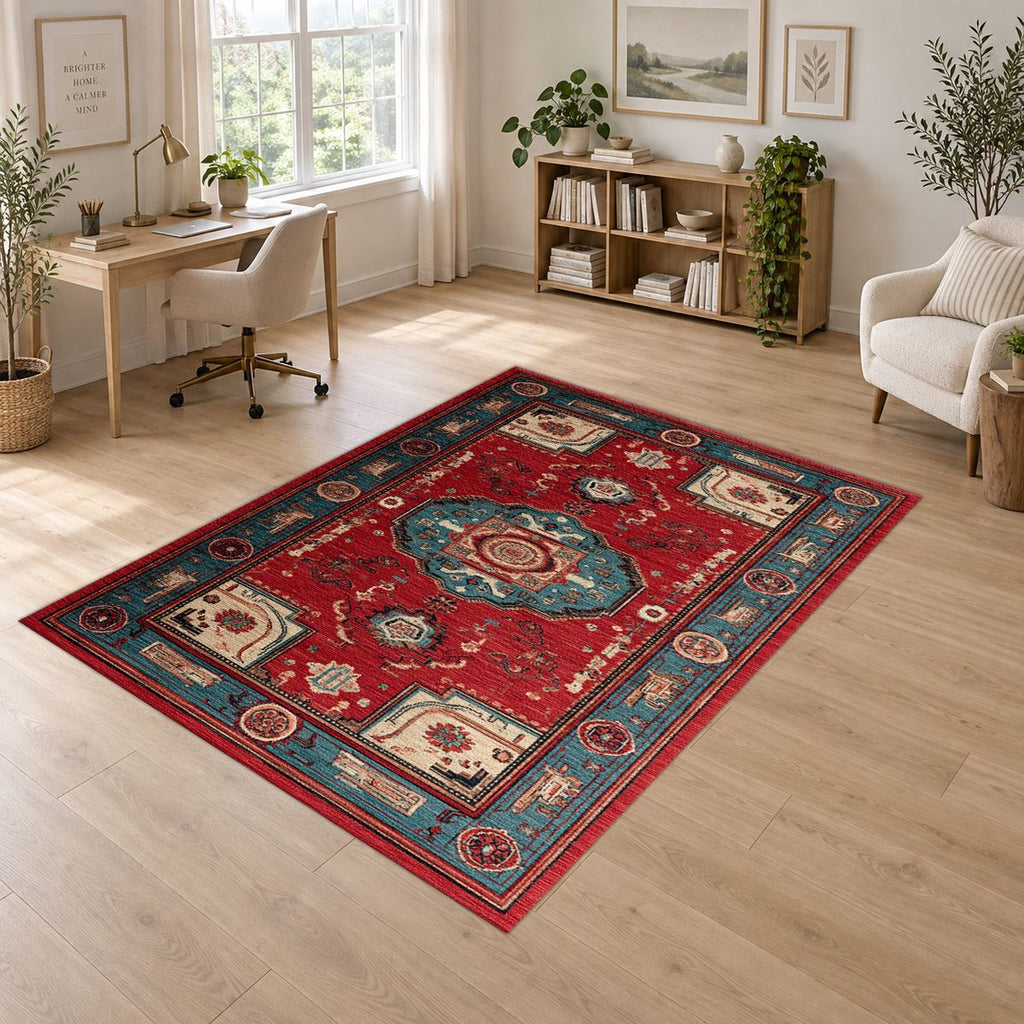 Red Traditional Tribal Medallion printed area rug