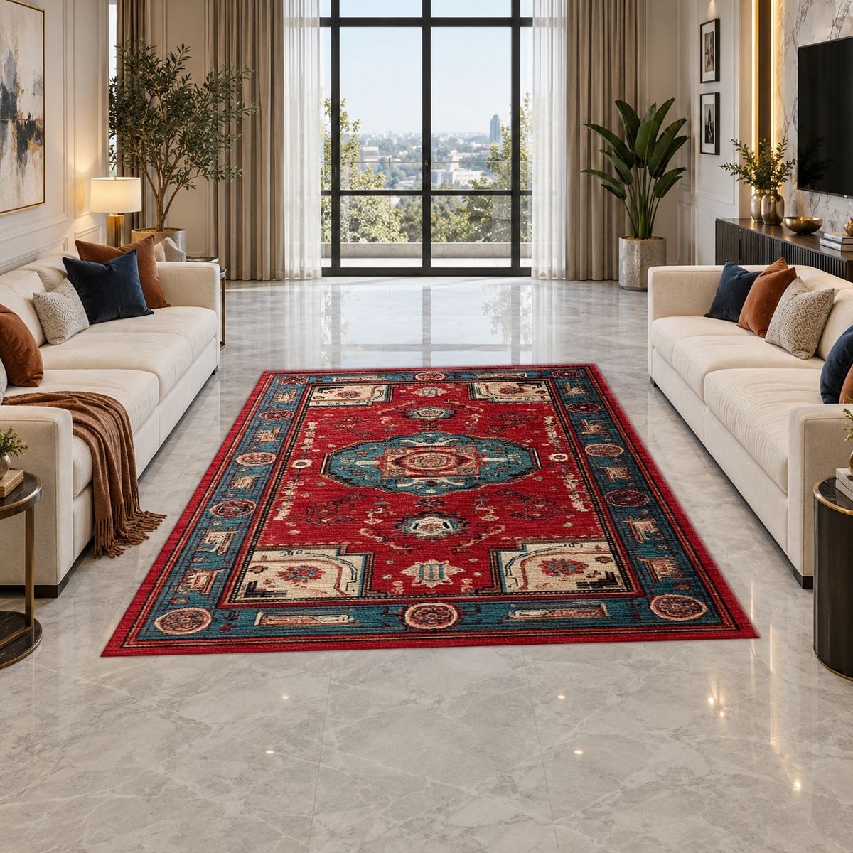 Red Traditional Tribal Medallion printed area rug