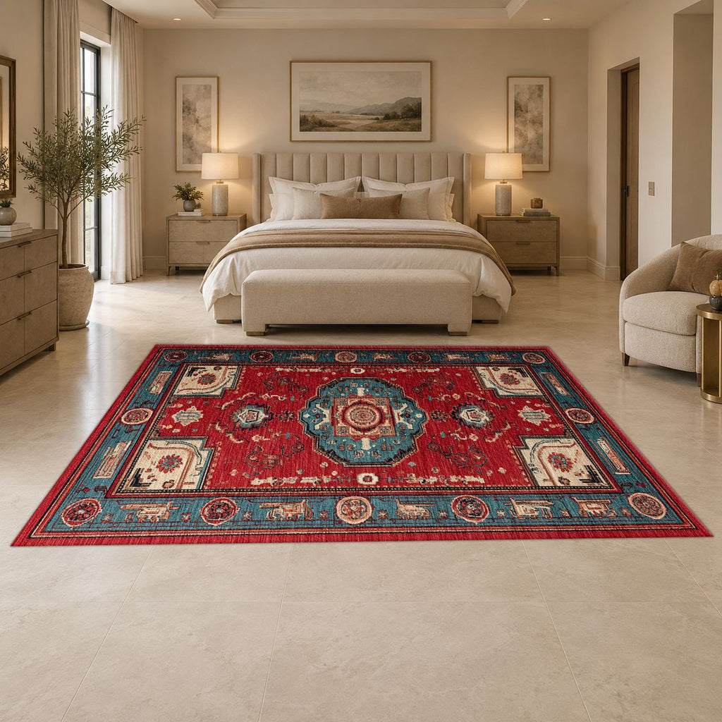 Red Traditional Tribal Medallion printed area rug